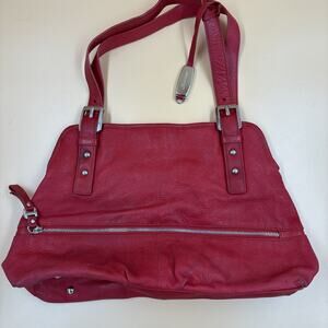 B. Makowsky Red Pebbled Leather Shoulder Bag | Silver Hardware | Zip Pocket |